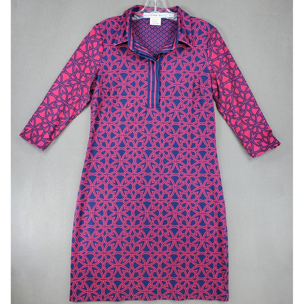 Gretchen Scott Tunic Dress‎ Women S Pink Blue Geometric Print 3/4 Sleeve Stretch